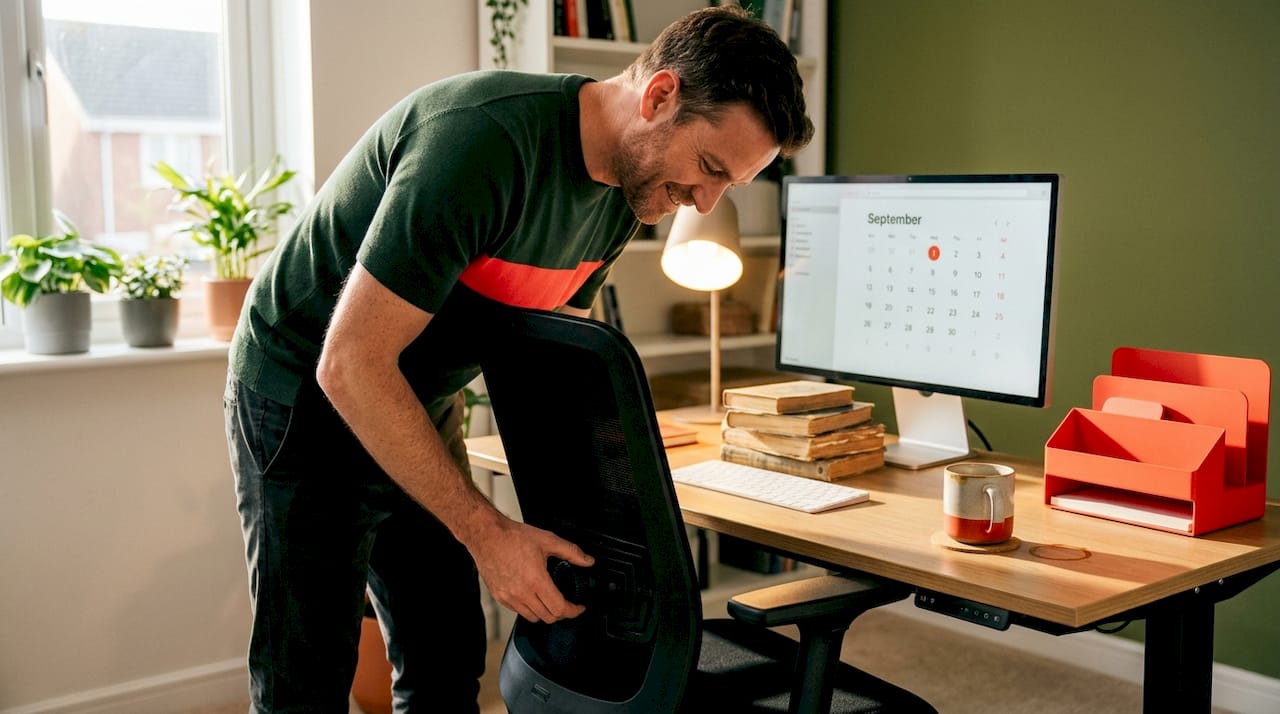 Man adjusting ergonomic office chair support