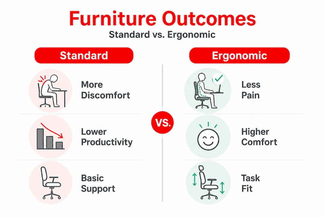Infographic comparing ergonomic and standard furniture outcomes