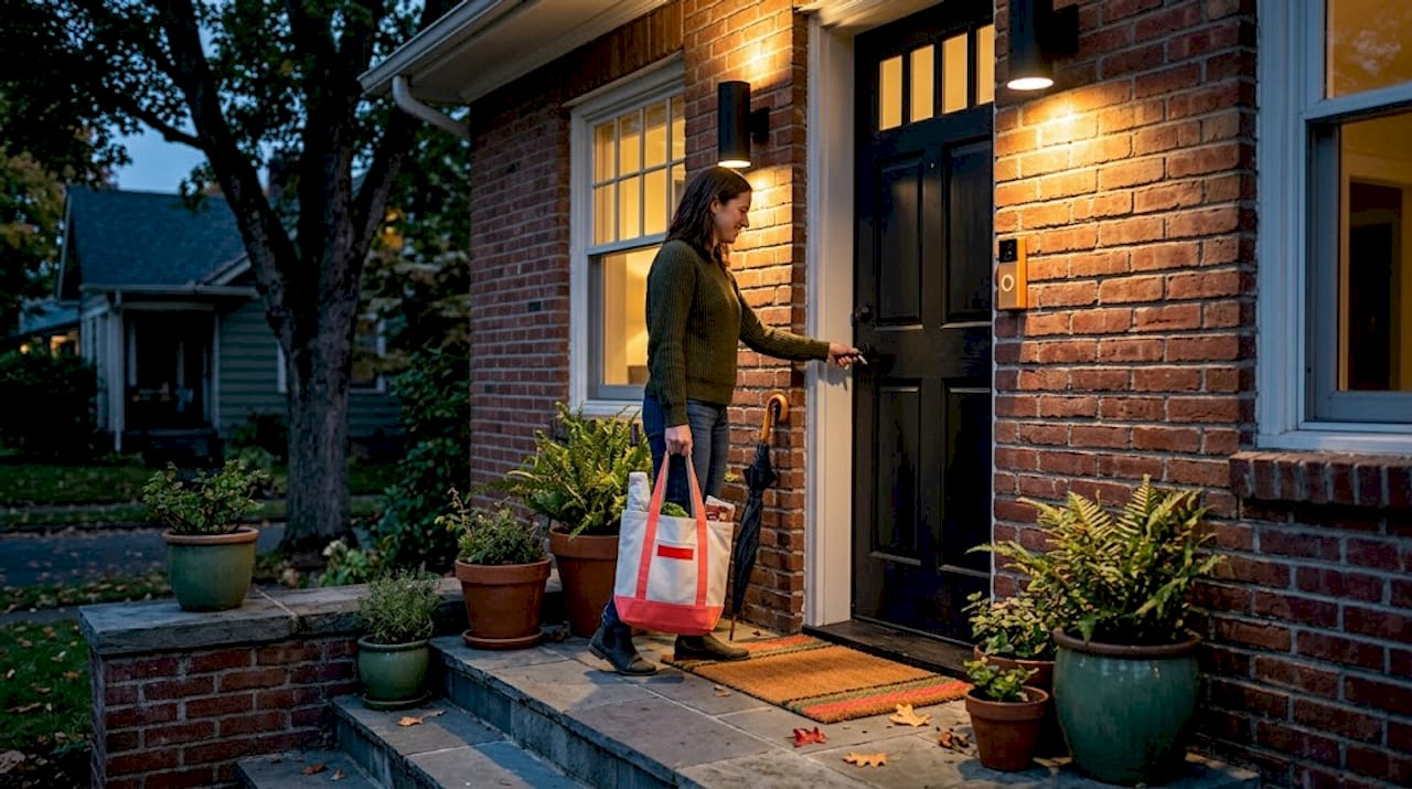 Porch entry illuminated by modern sconces
