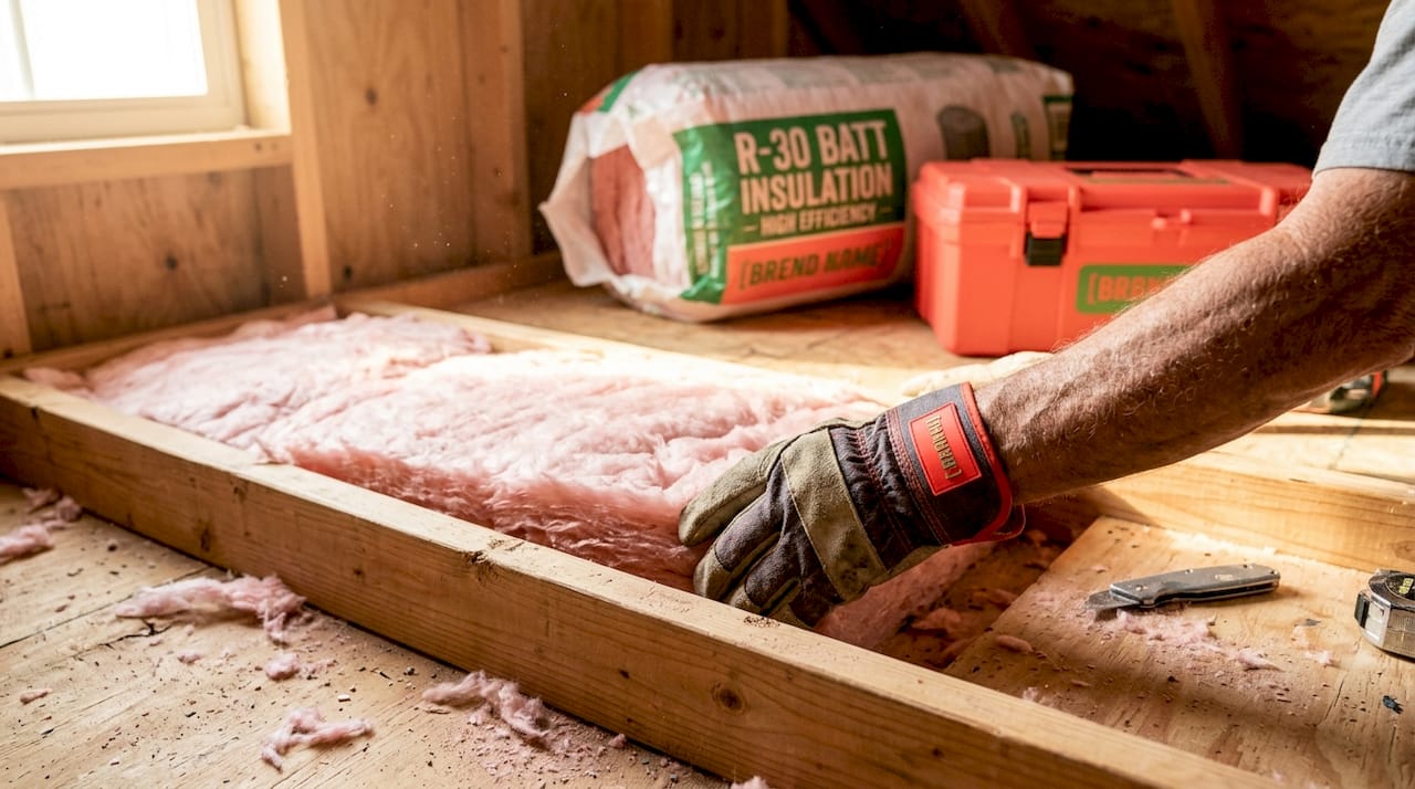 Fiberglass batts being installed in attic