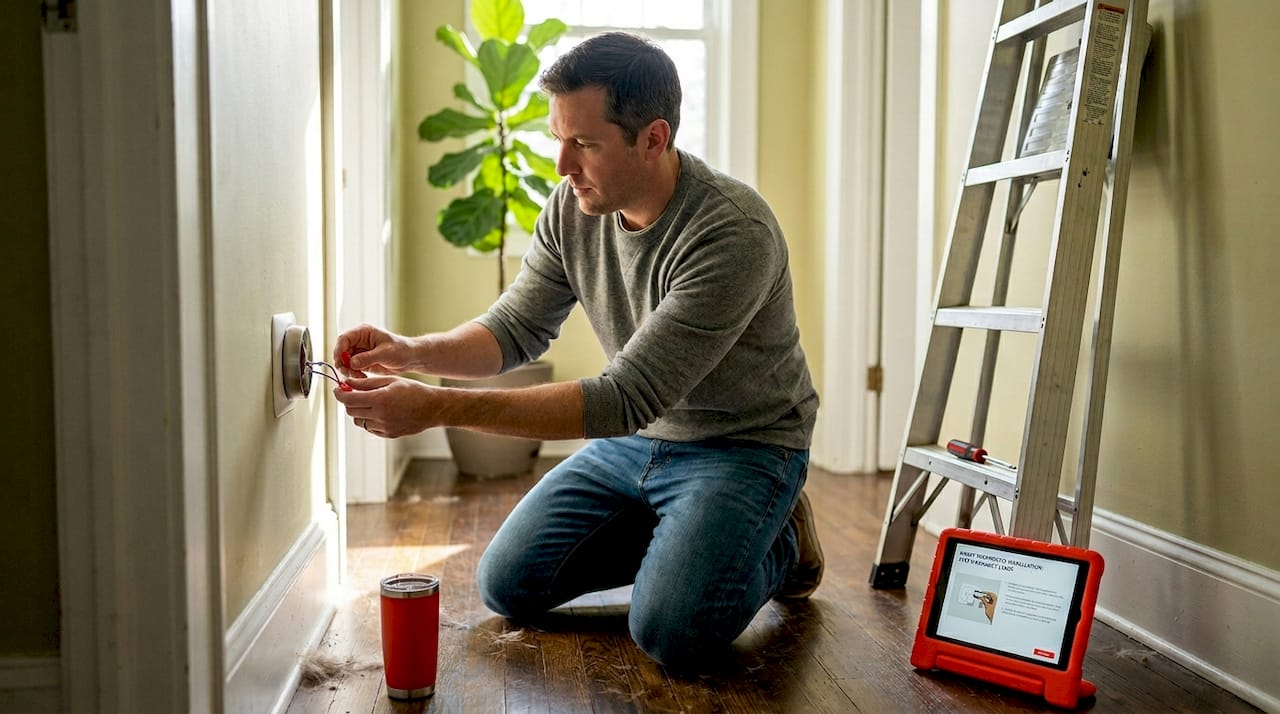 Homeowner installing smart thermostat device