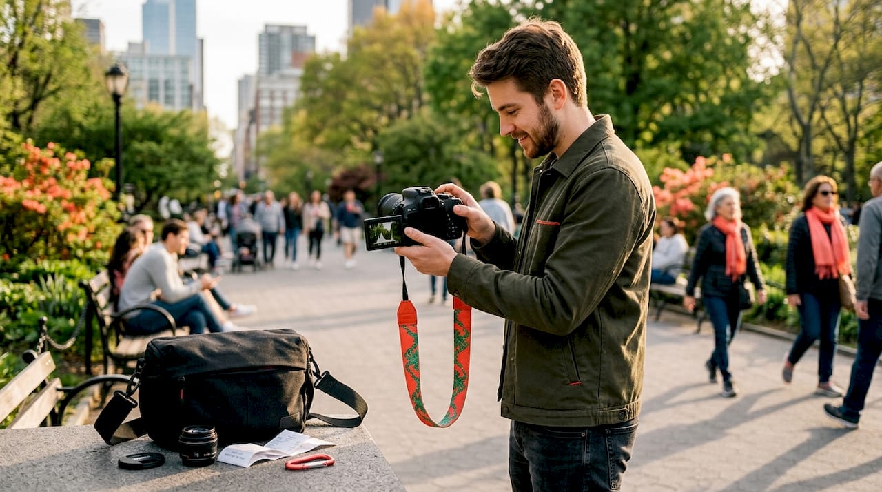 Beginner adjusting camera settings outdoors