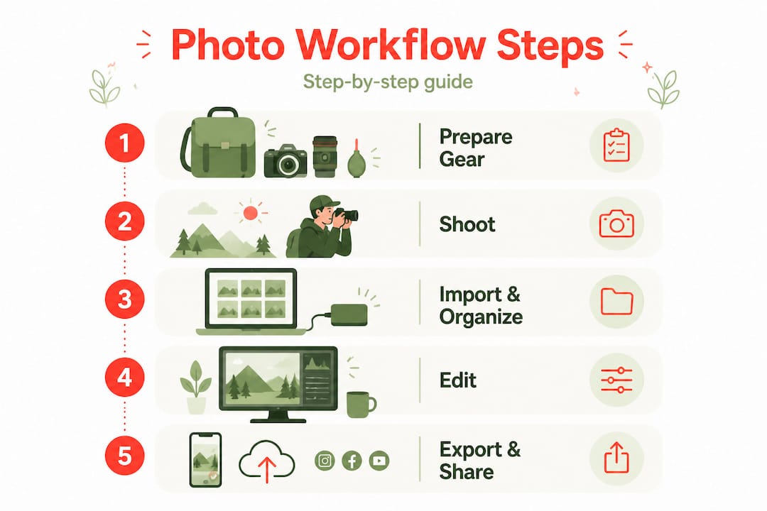 Infographic of beginner photography workflow steps