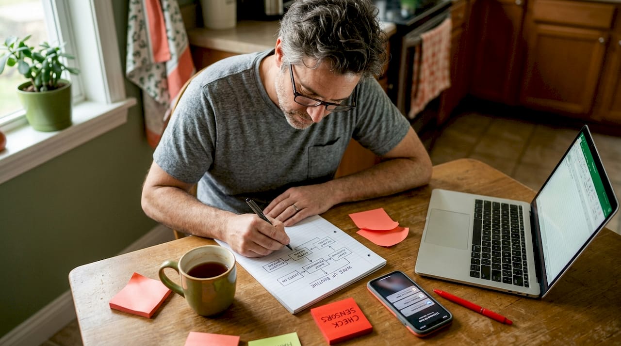 Man planning smart home workflow at kitchen table
