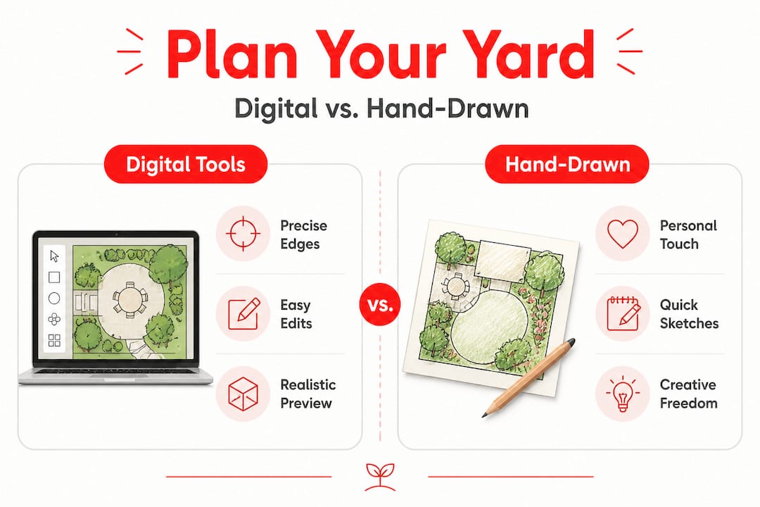 DIY landscaping: Transform your outdoor space today 2026 Lizard's Lunch Infographic comparing digital and hand-drawn landscape plans
