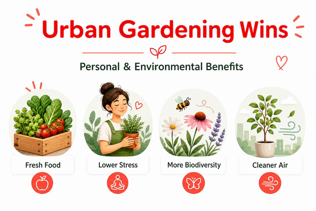 What is urban gardening? A practical guide to growing in cities 2026 Lizard's Lunch Infographic highlighting urban gardening benefits
