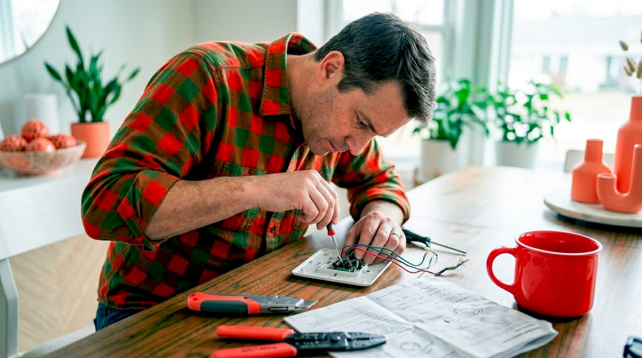Why smart thermostats are a must-have for efficient homes 2026 Lizard's Lunch Man installing smart thermostat with tools