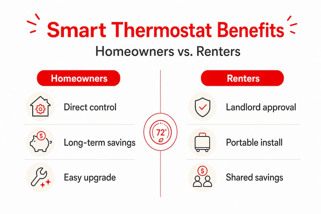 Why smart thermostats are a must-have for efficient homes 2026 Lizard's Lunch Infographic comparing homeowners and renters features