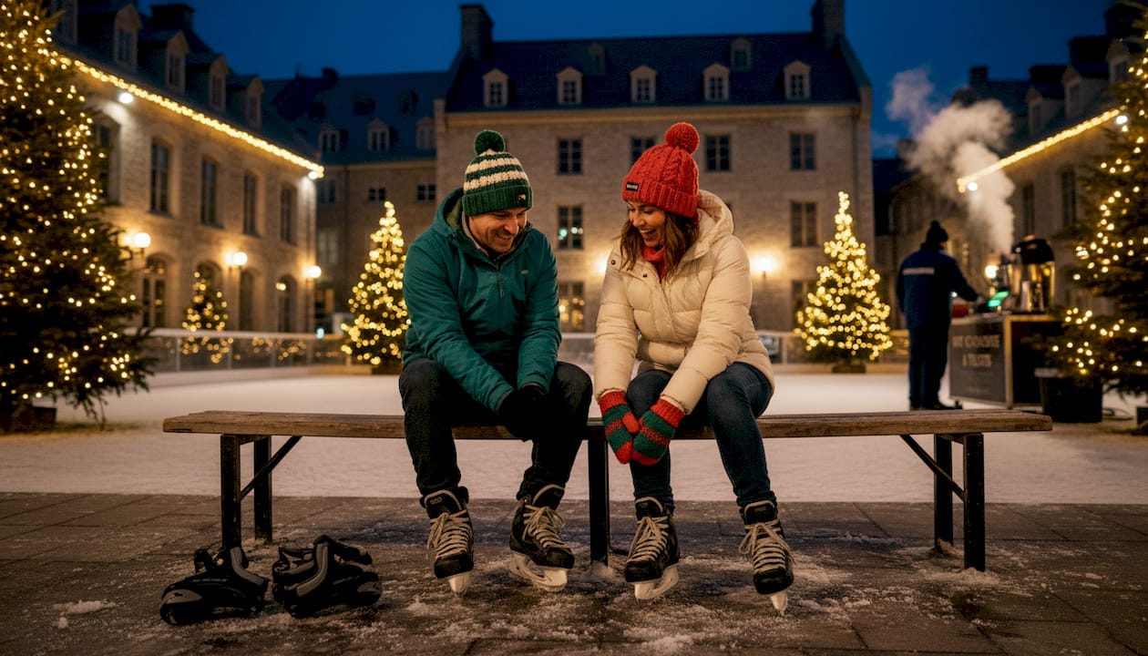 Couple lacing skates at nighttime rink