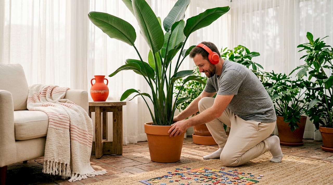 Person adjusting large indoor foliage in modern room