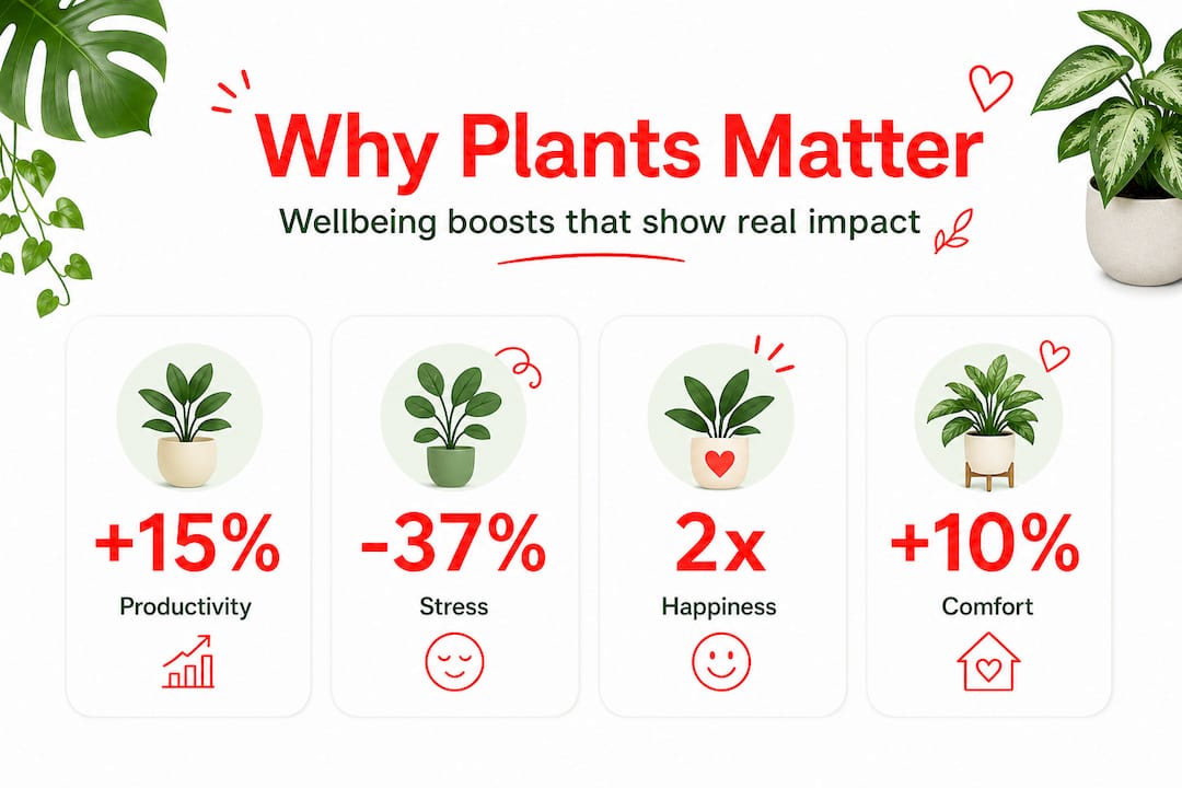 Infographic with headline stats on indoor plants' benefits