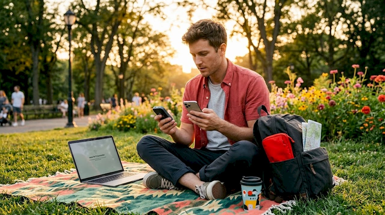 Traveler testing Wi-Fi and mobile signal