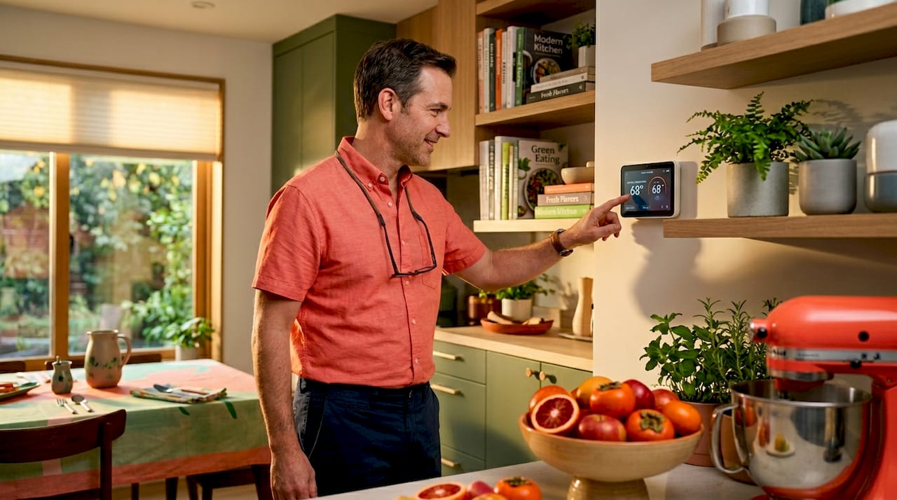 Explore the benefits of smart gadgets for an easier life 2026 Lizard's Lunch Man using smart thermostat in hallway