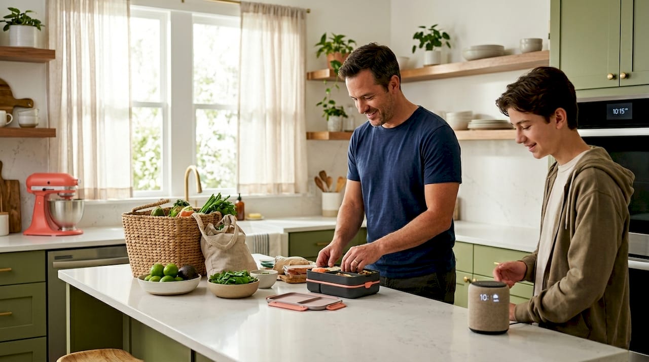 Family using smart kitchen devices together