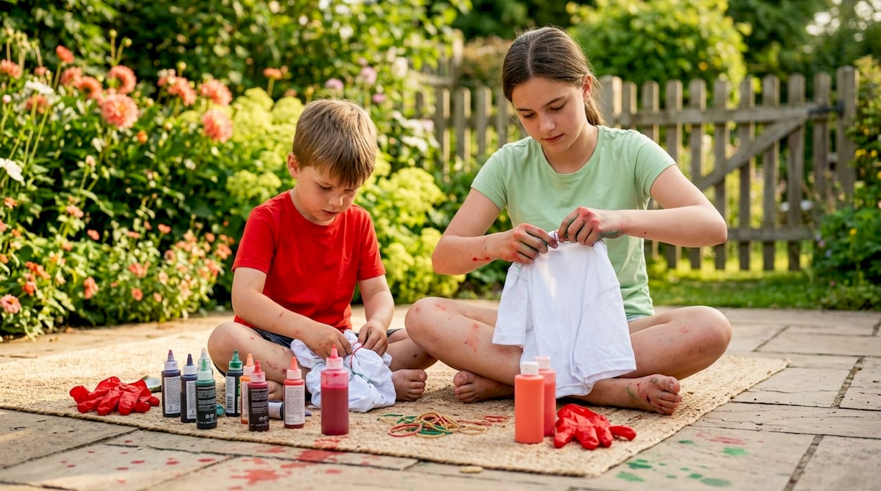 Kids preparing tie-dye shirts on porch steps