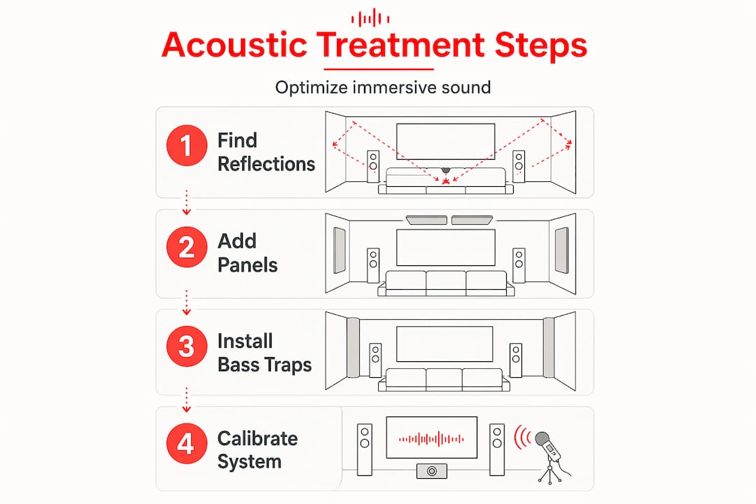 Your Entertainment Setup Guide for an Immersive Space 2026 Lizard's Lunch Infographic of acoustic treatment steps for home theaters