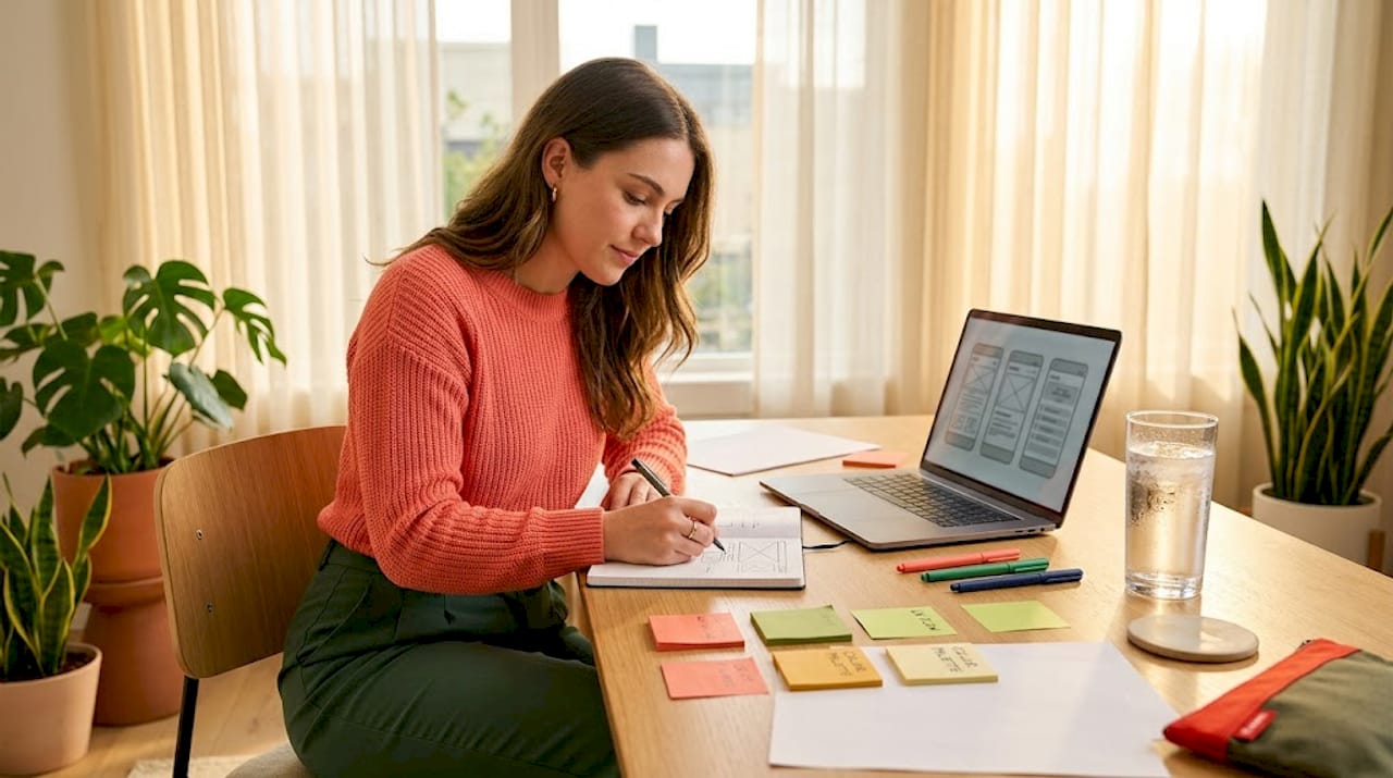 Designer sketching wireframes at bright kitchen table