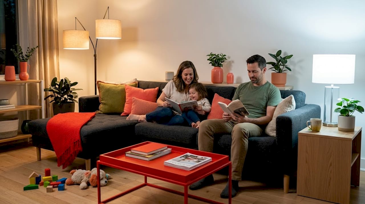 Living room with warm and cool lighting contrast
