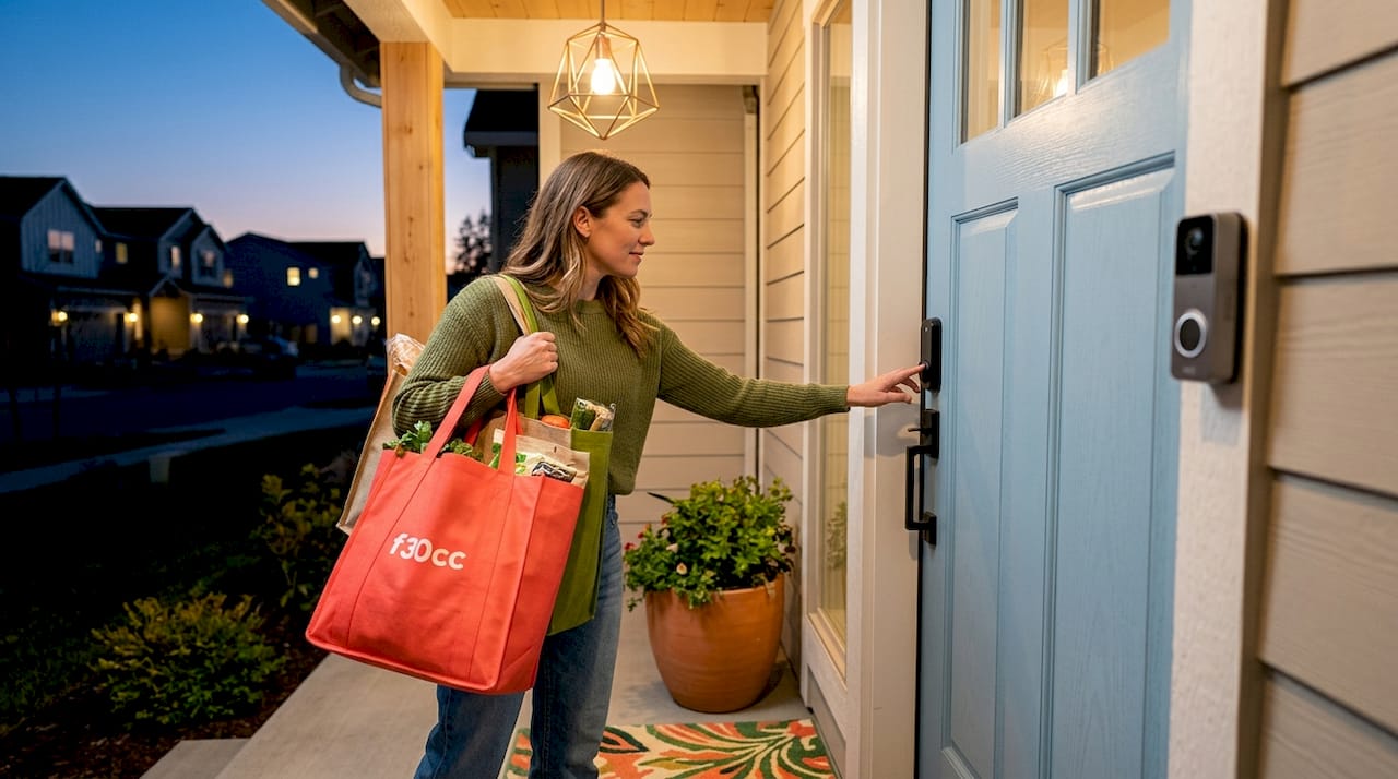 Woman locking smart lock at modern home door