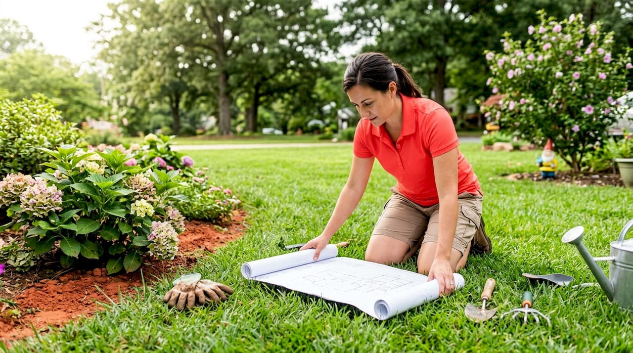 Raleigh Landscape Services: What Homeowners Need to Know 2026 Lizard's Lunch Landscape designer reviewing blueprint in Raleigh yard