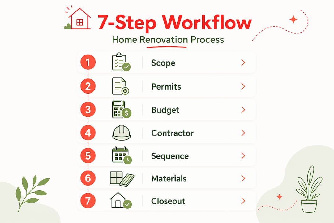 Master Your Home Improvement Workflow in 7 Steps 2026 Lizard's Lunch Infographic showing 7 home improvement workflow steps