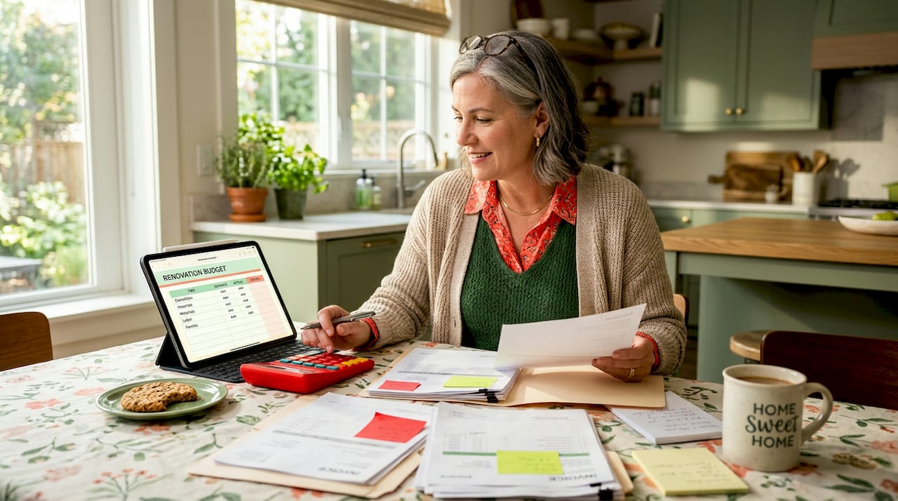 Master Your Home Improvement Workflow in 7 Steps 2026 Lizard's Lunch Homeowner budgeting for renovation at kitchen table