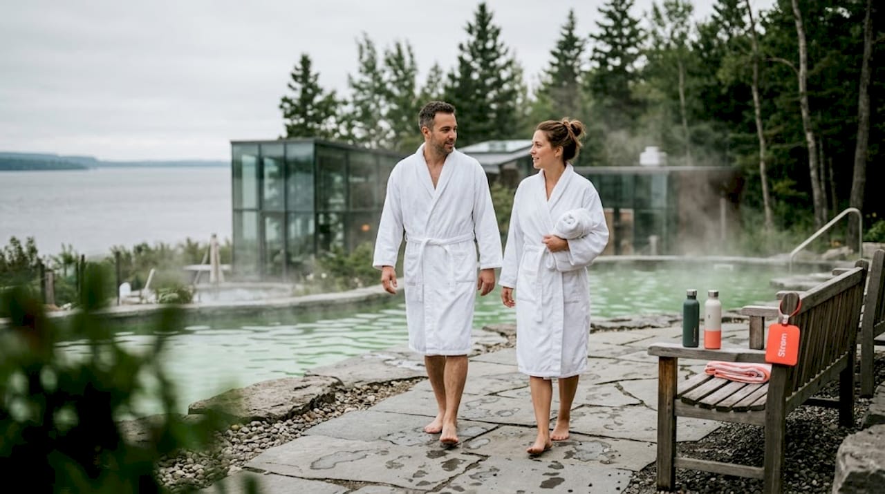 Couple walking at Strøm Nordic Spa Quebec