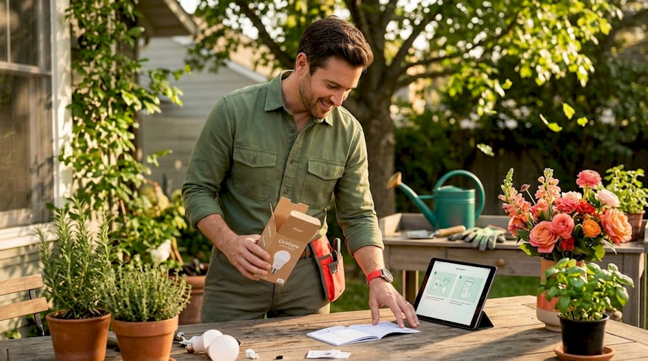 Man unpacking smart device in kitchen