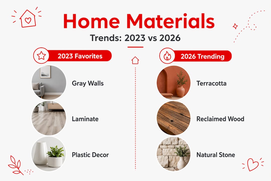 2026 Home Trends Explained for Every Homeowner 2026 Lizard's Lunch Infographic contrasting home materials 2023 vs 2026