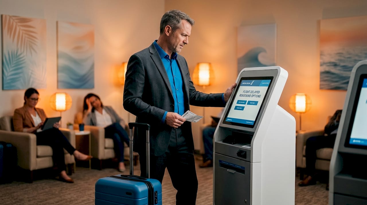 Ways to Streamline Business Travel Logistics in 2026 2 Traveler rebooking flight during airport delay