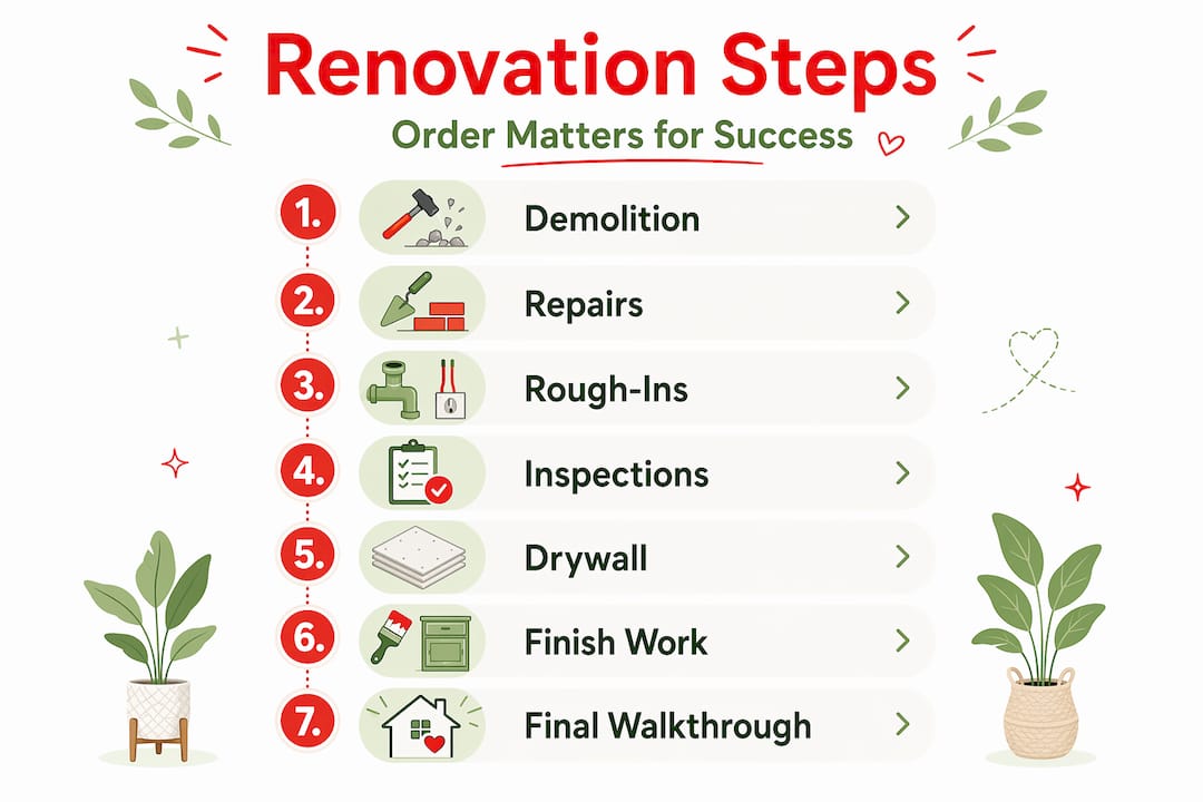 How to Renovate Your Home Without the Costly Mistakes 2026 Lizard's Lunch Infographic showing seven renovation process steps