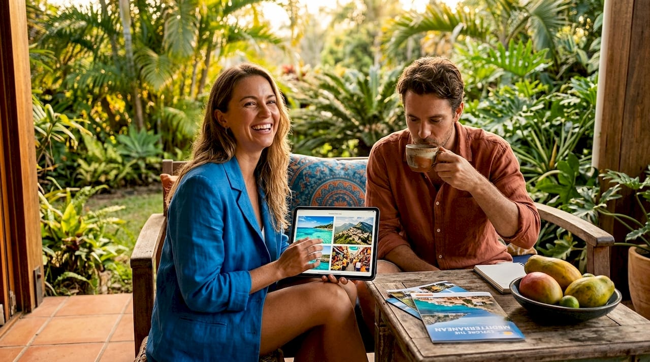 Couples Travel Experience Checklist for Romantic Getaways 1 Couple selecting travel experiences on tablets