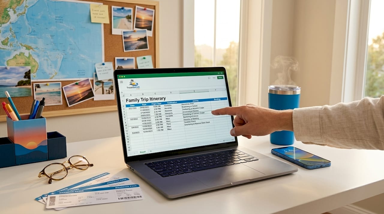 Laptop with family trip spreadsheet and travel docs