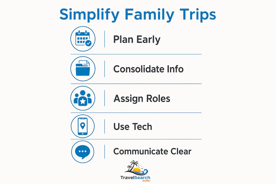 Infographic showing five steps to simplify family trip logistics