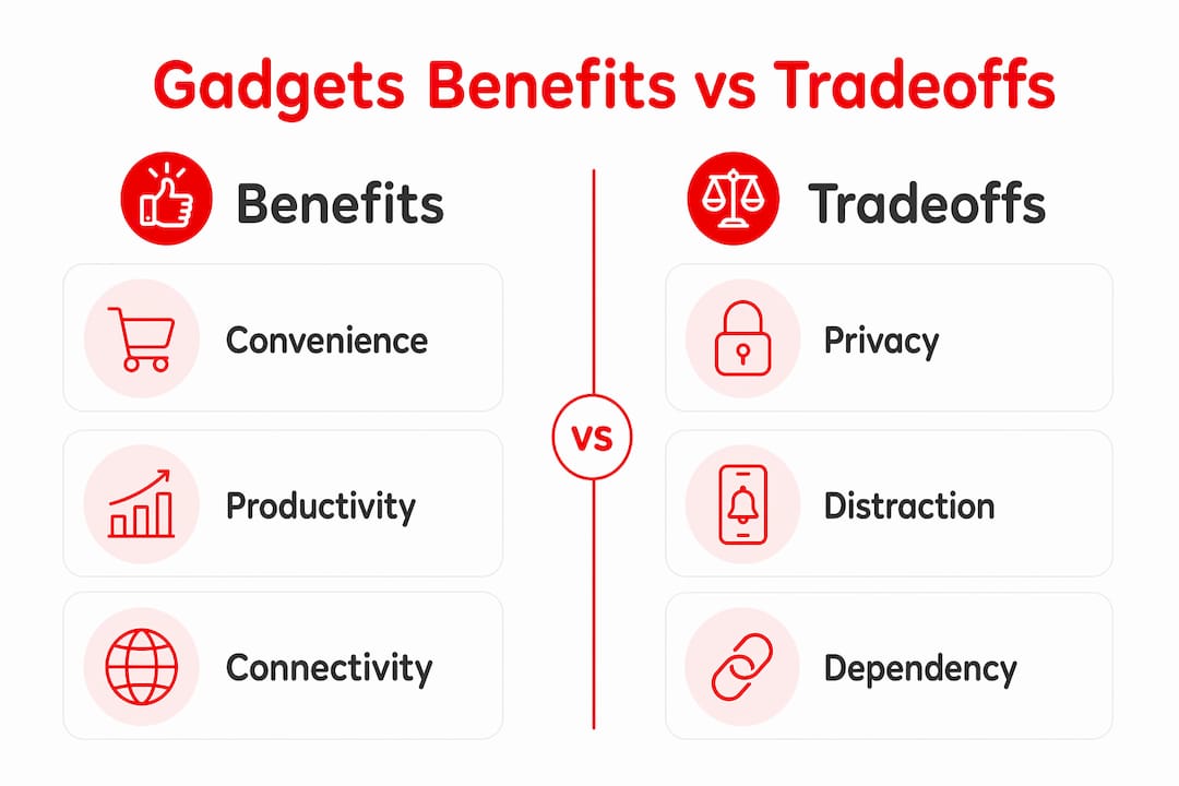The Role of Gadgets in Daily Life: Benefits and Tradeoffs 2026 Lizard's Lunch Infographic comparing benefits and tradeoffs of gadgets