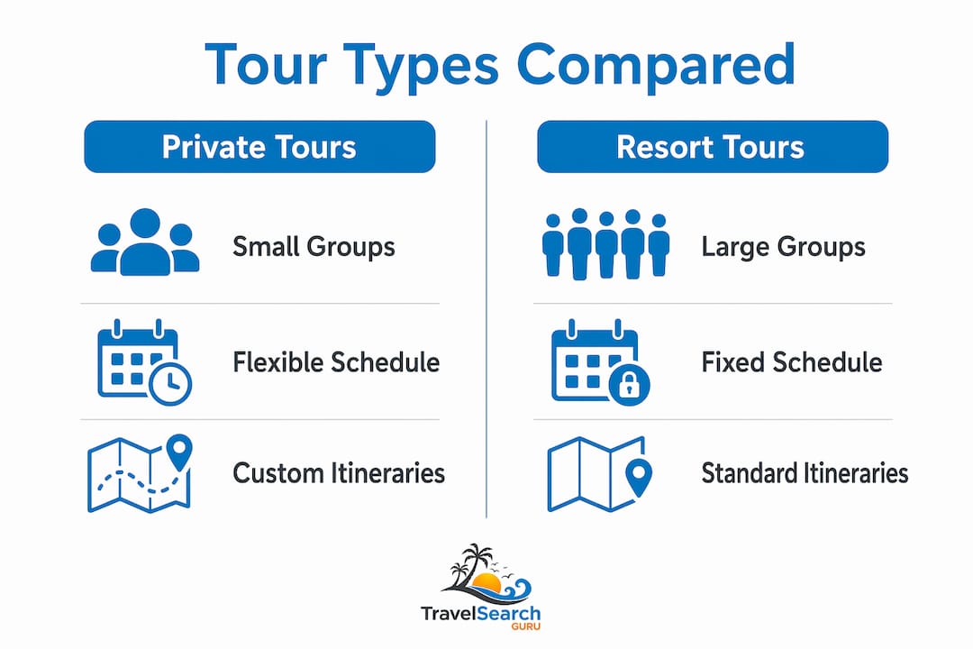 Why Pre-Book Family Excursions for a Stress-Free Trip 2 Infographic comparing private and resort tours for families