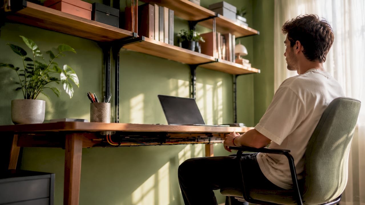 How to Optimize Your Home Workspace for Peak Productivity 2026 Lizard's Lunch Organized home office with vertical shelves and cable management