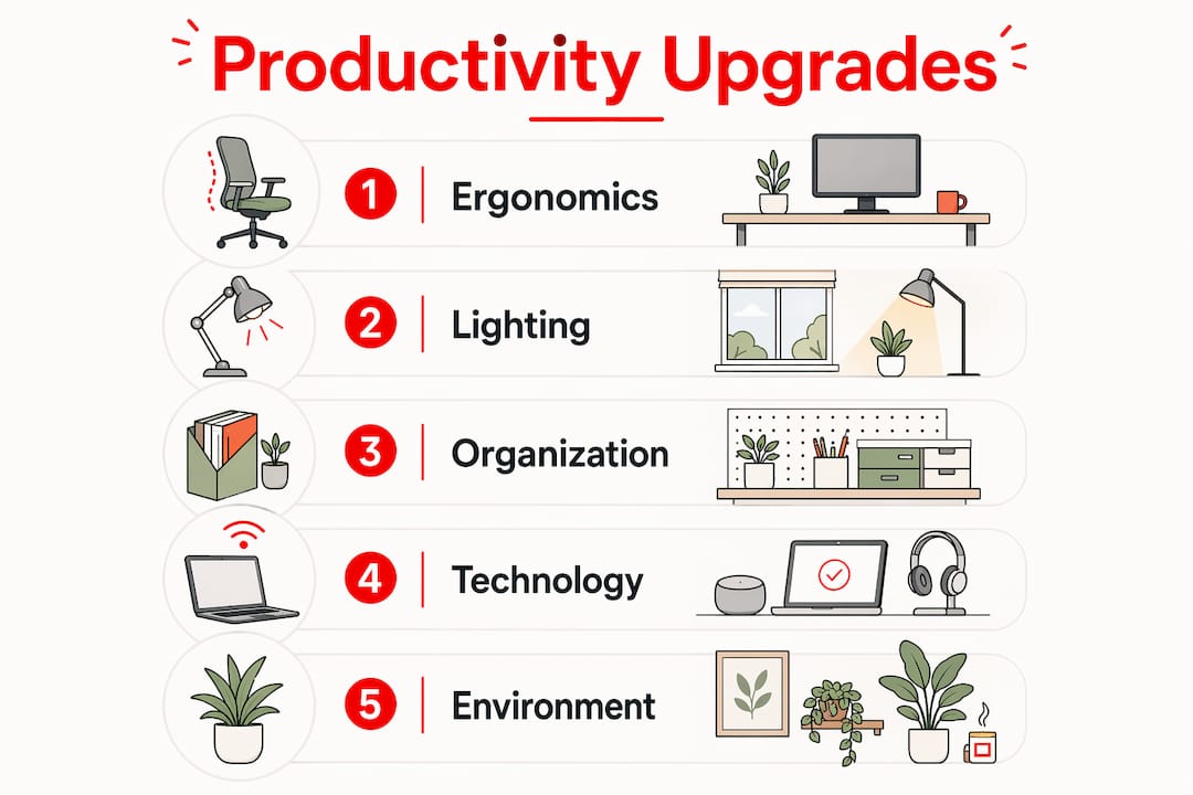 How to Optimize Your Home Workspace for Peak Productivity 2026 Lizard's Lunch Infographic showing steps to upgrade home office productivity