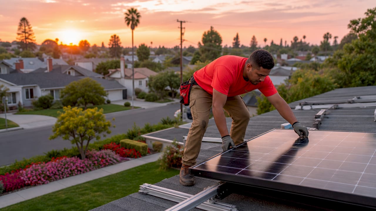 Solar panel installer working on residential rooftop