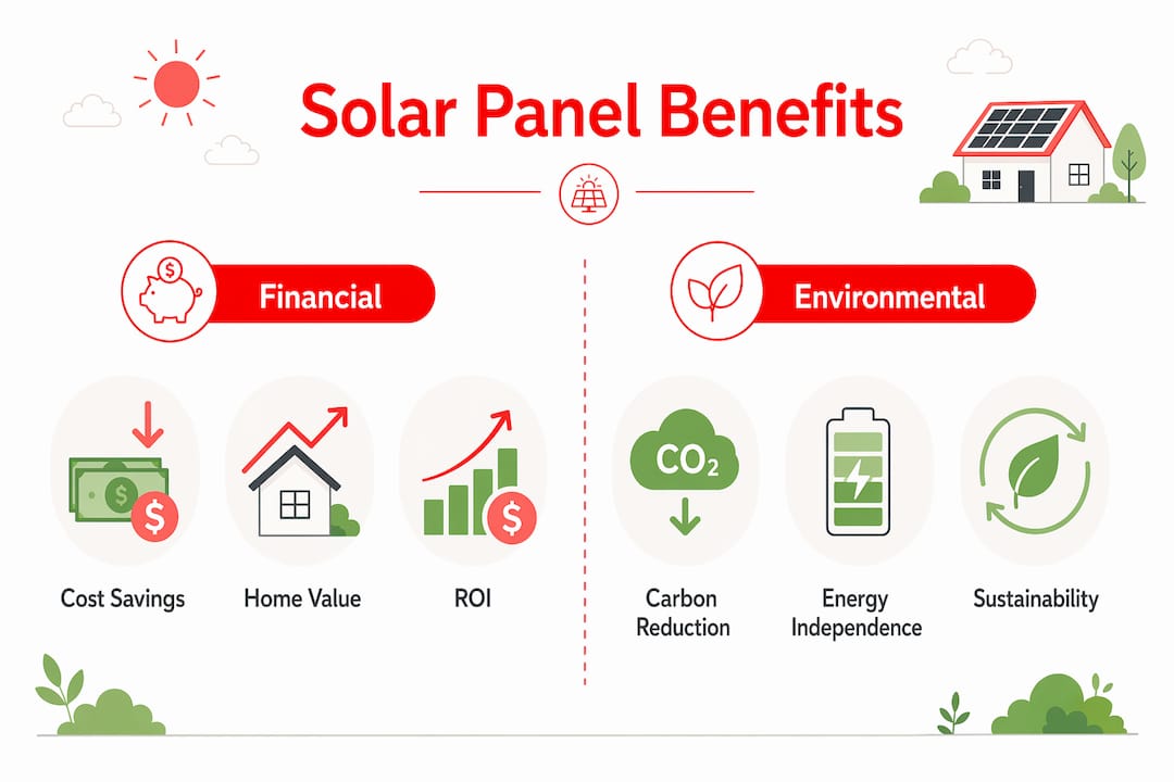 Infographic comparing financial and environmental benefits of solar panels