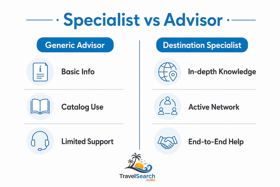 The Role of Destination Specialists in International Travel 2 Comparison infographic of travel advisors and specialists