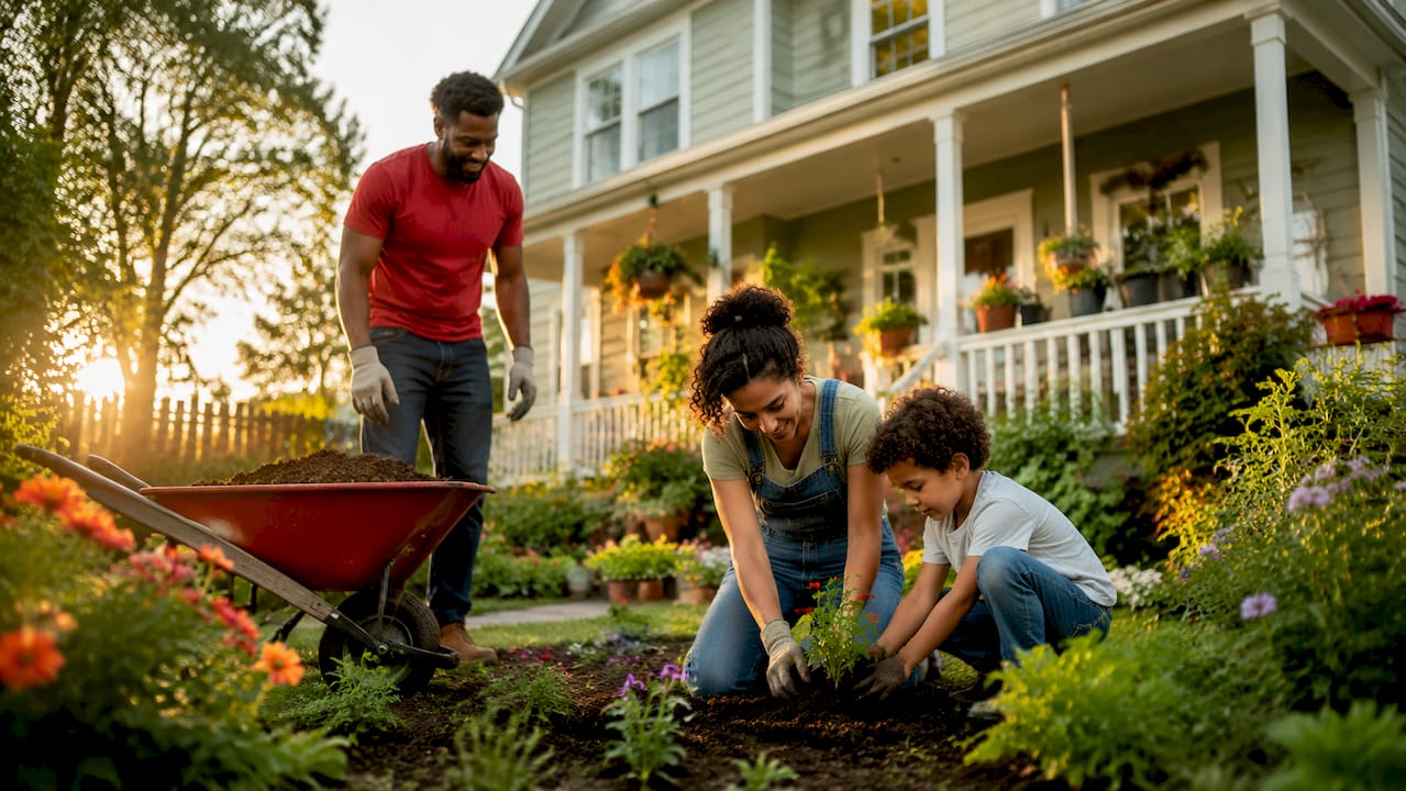 Why Energy Efficiency Matters for Your Home in 2026 2026 Lizard's Lunch Family planting shrubs near solar-paneled home