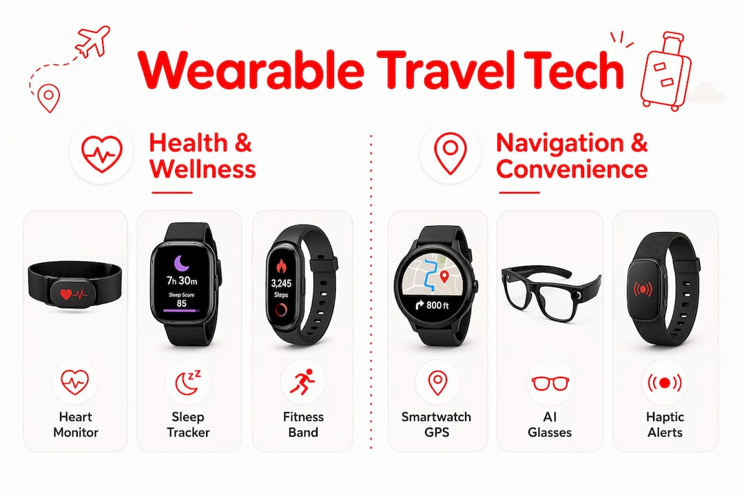 Wearable Tech in Travel: Your 2026 Smart Trip Guide 2026 Lizard's Lunch Infographic comparing wearable travel tech categories