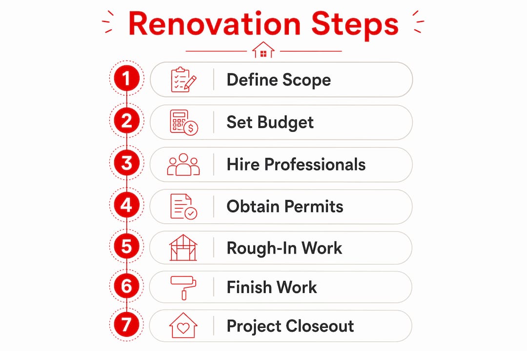 Step by Step Home Renovation: Your Complete 2026 Guide 2026 Lizard's Lunch Infographic showing home renovation timeline steps