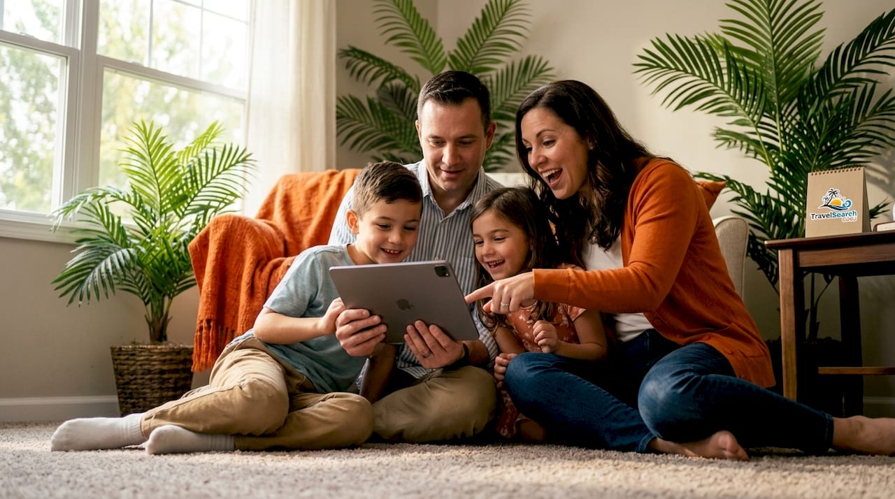 Family reviewing travel itinerary together