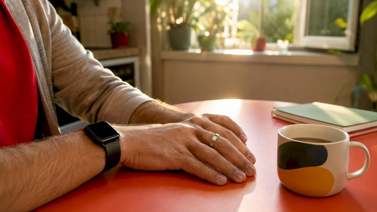Close-up of hands with smartwatch and smart ring