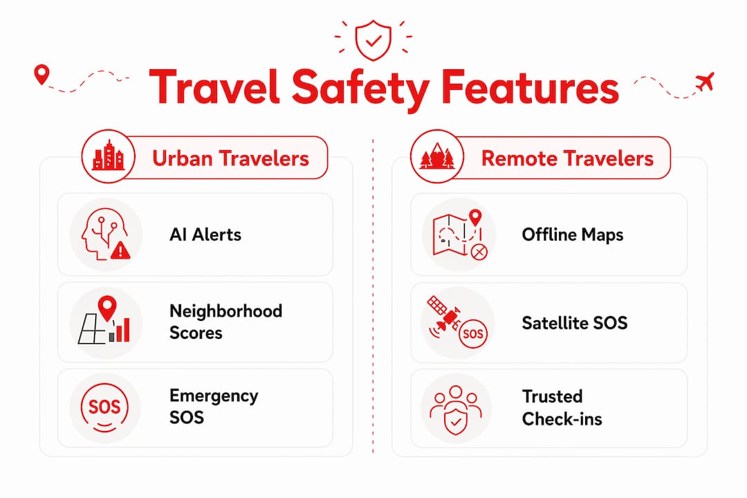 Infographic comparing travel safety app features for urban and remote travelers