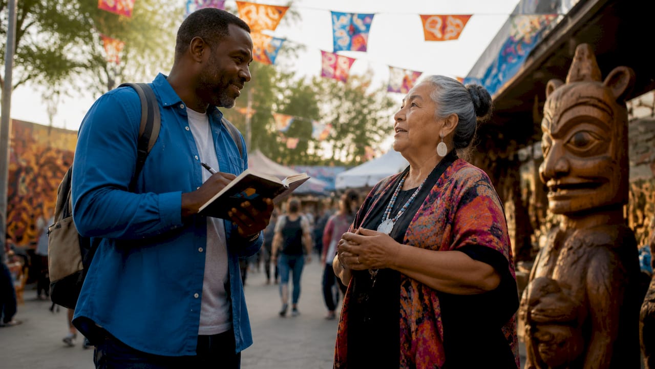 Cultural Sensitivity in Travel Planning: A Resort Guide 1 Traveler discussing cultural excursion with local guide