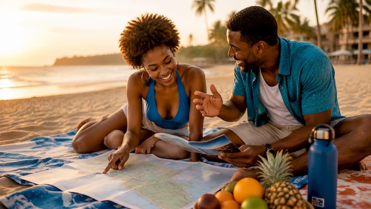 Couple researching local excursions outdoors
