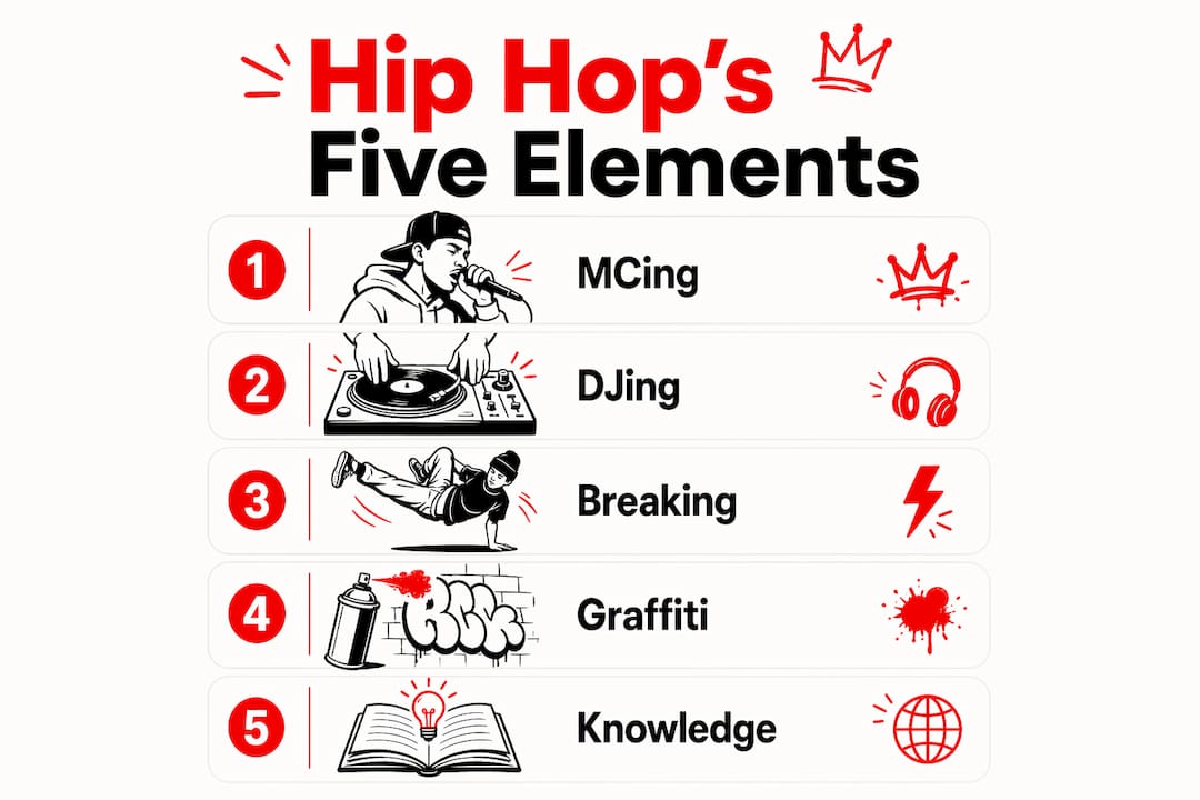 Hip Hop: What It Is, Where It Came From, and Why It Matters 2026 Lizard's Lunch Infographic illustrating five elements of hip hop culture